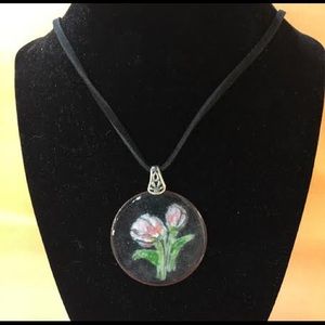 round copper pendant black w pink paint flowers